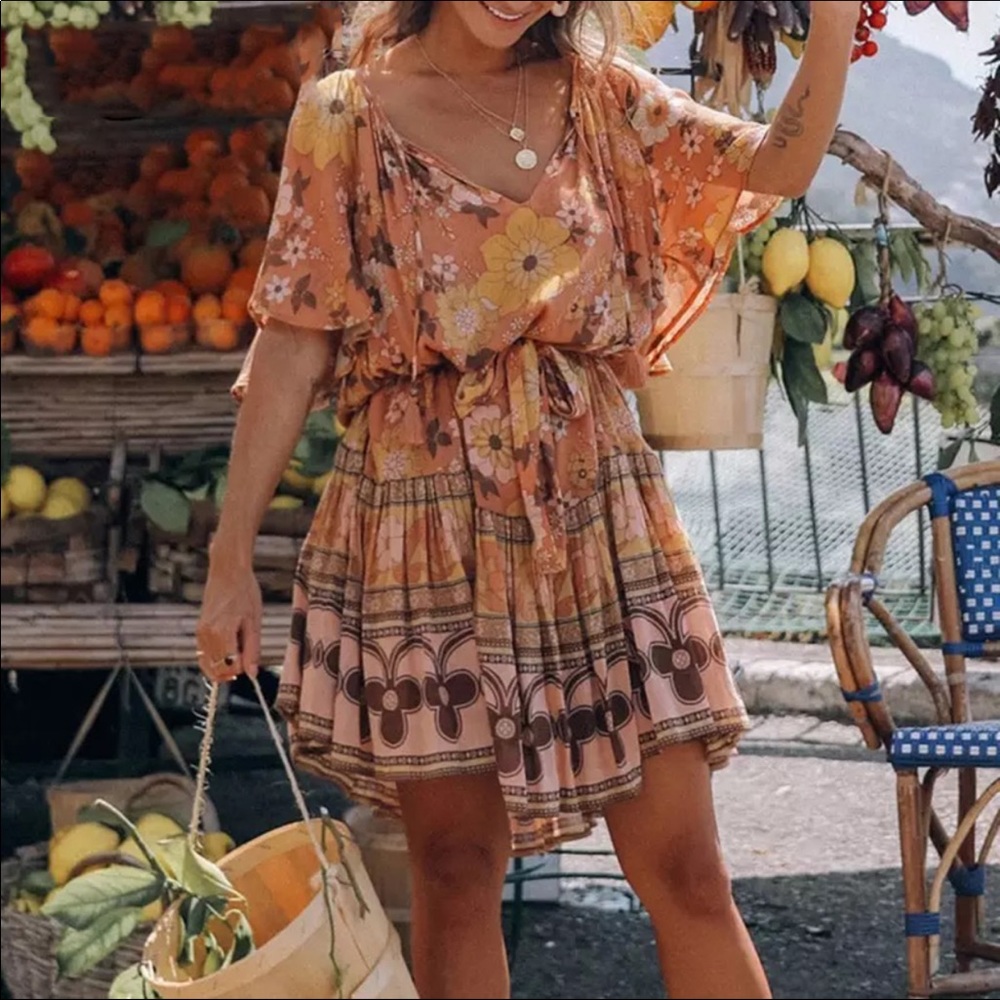 Yellow Tiered Boho Floral Gypsy Print Dress - Picture 2 of 11